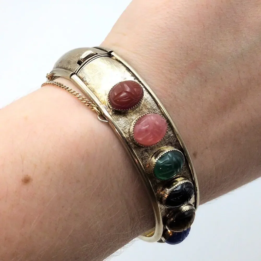 Vintage Gemstone Scarab Hinge Bangle Bracelet Gold Tone With Safety Chain